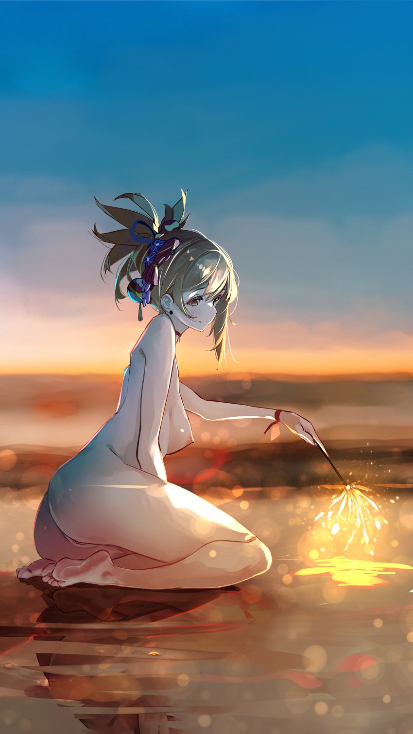 1girls beach breasts completely_nude completely_nude_female cute female genshin_impact kneeling kneeling_female nipples nude nude_female pussy sparkles sydus uncensored yoimiya_(genshin_impact)