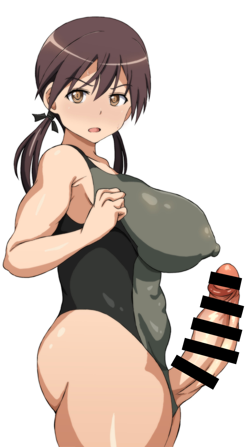 1futa arobiro big_breasts big_penis breasts brown_eyes brown_hair censor_bar censored erection eyebrows_visible_through_hair futa_only futa_sans_balls futanari gertrud_barkhorn higher_resolution_duplicate human large_breasts light-skinned_futanari light_skin one-piece_swimsuit partially_clothed penis penis_out shiny_hair shiny_skin side_view sideboob solo standing strike_witches swimsuit twintails world_witches_series