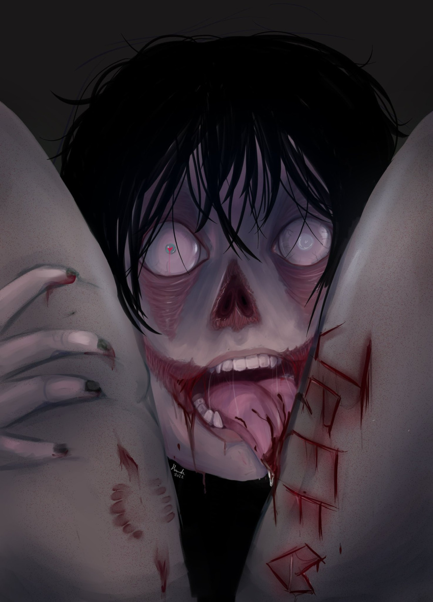 1boy ambiguous_gender bitemark blood blood_on_tongue body_writing creepypasta horror jeff_the_killer licking markings nightmare_husbando pov scary thighs