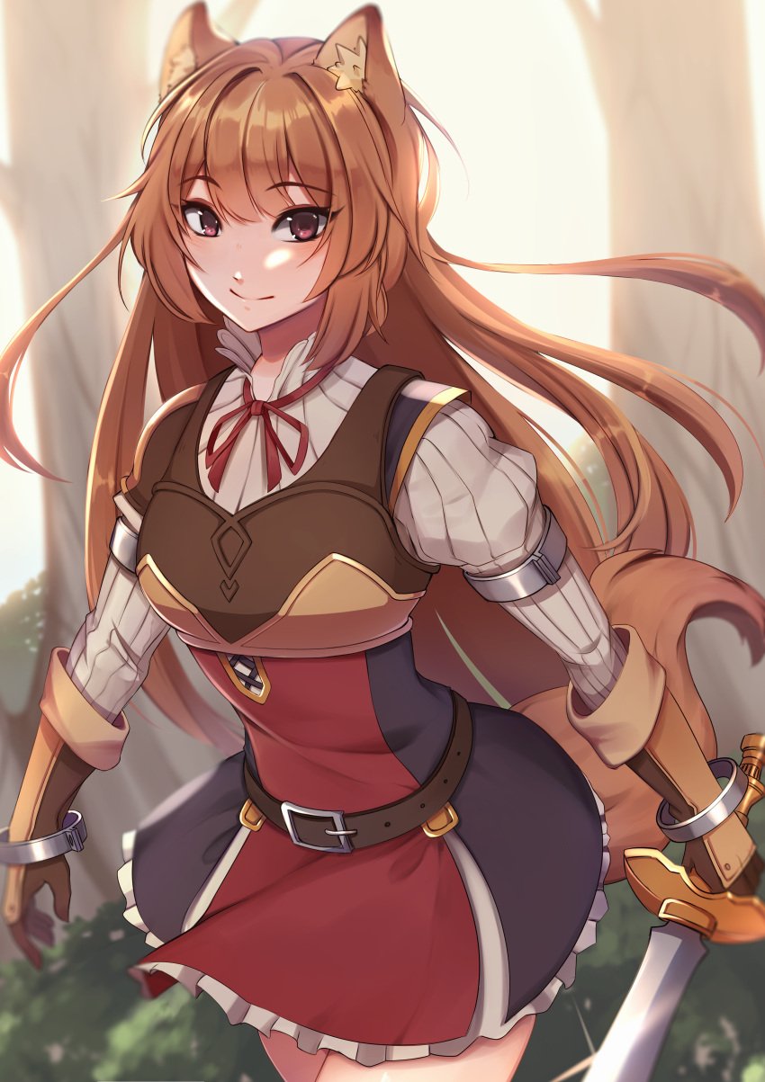 1girls animal_ears animal_humanoid armor auburn_hair belt big_breasts breast_armor breasts brown_hair female green_eyes holding holding_book holding_object lipstick long_hair looking_at_viewer medium_hair raccoon_ears raccoon_girl raccoon_tail raphtalia sand smile solo sword tate_no_yuusha_no_nariagari thighs