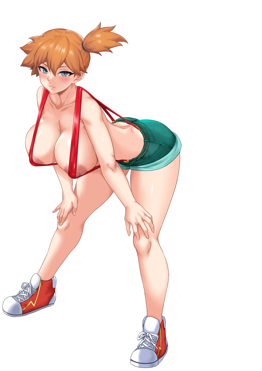 alternative_bust_size ass bent_over big_areola big_nipples blue_eyes blush breast_slip breasts clothing dark_nipples denim denim_shorts erect_nipples erect_nipples_under_clothes female footwear hands_on_own_knees high_resolution jirusu kasumi_(pokemon) leaning_forward looking_at_viewer nipple_slip nipples no_bra no_shirt oral orange_hair pokemon pokemon_(anime) pokemon_(classic_anime) pokemon_rgby shoes shorts sneakers solo suspender_shorts suspenders topless topless_suspenders very_high_resolution