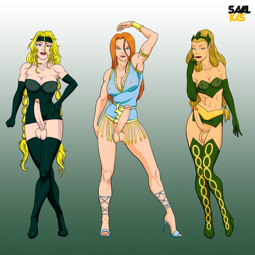 3futas amora_the_enchantress balls big_breasts big_penis blonde_hair blue_eyes bottomless breasts clothed clothing elbow_gloves erection erection_under_clothes erection_under_skirt futa_only futa_sans_pussy futanari gloves green_clothing green_eyes human human_only light-skinned_futanari light_skin long_hair looking_at_viewer lorelei_(asgardian) marvel miniskirt mostly_clothed penis red_hair reddish_hair savalkas skirt standing sylvie_lushton testicles thighhighs thor_(series) uncensored