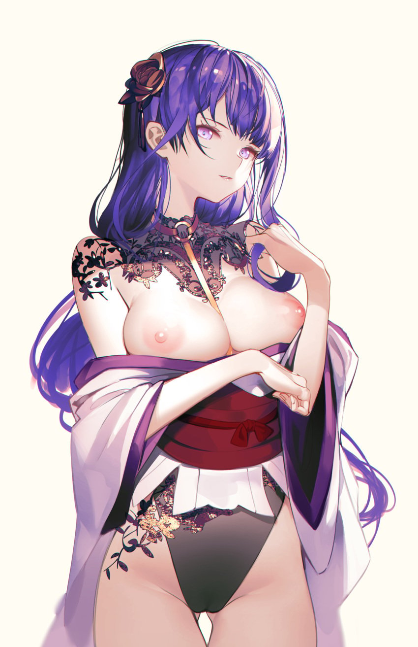 arm_under_breasts ass_visible_through_thighs between_breasts braid braided_ponytail breasts breasts_out cameltoe commentary cowboy_shot english_commentary female flower genshin_impact groin hair_flower hair_ornament hand_up highleg highres holding holding_hair iumu japanese_clothes kimono large_breasts leotard long_hair looking_away nipples o-ring obi off_shoulder open_clothes parted_lips purple_eyes purple_hair purple_kimono raiden_shogun red_sash sash simple_background single_braid solo thighs white_background wide_sleeves