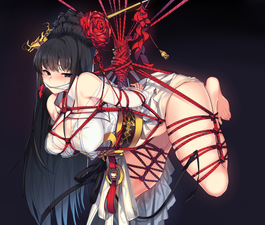 arms_behind_back barefoot black_eyes black_hair blush bondage cleave_gag cloth_gag dress dungeon_and_fighter female female_priest_(dungeon_and_fighter) flower gag gagged hair_flower hair_ornament hairpin highres improvised_gag japanese_clothes long_hair mendou_kusai miko red_flower red_rose rose shaman_(dungeon_and_fighter) solo white_dress