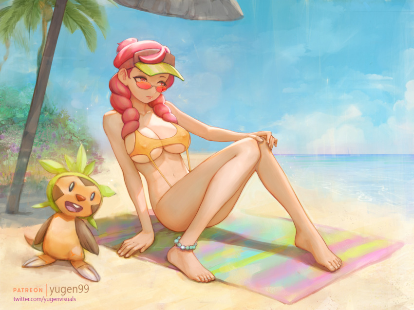 1girls 2022 artist_name beach big_breasts bulging_breasts chespin curvaceous curvy_figure erect_nipples game_freak highres looking_over_eyewear looking_over_glasses looking_over_sunglasses malva_(pokemon) nintendo nipple_bulge nipples_visible_through_clothing orange-tinted_eyewear pokemon pokemon_xy red_hair side_ponytail solo_female sunglasses tagme team_flare tinted_eyewear voluptuous_female yugen99