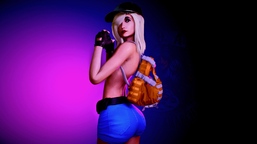 3d andi_jones ass_focus backpack belt big_butt blonde_hair blue_shorts cap colorful_background eyeshadow gloves light_skin lipstick no_shirt nopixel virt-a-mate virtamate