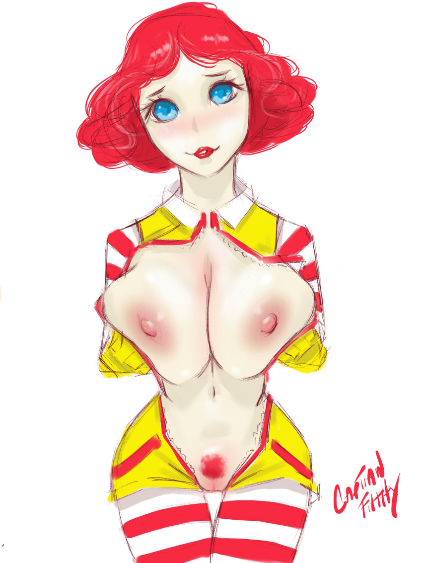 captainfilthy curly_hair female genderswap_(mtf) huge_breasts large_breasts lipstick mcdonald's pubic_hair red_hair red_pubic_hair ronald_mcdonald rule_63 short_hair solo striped_legwear white_background