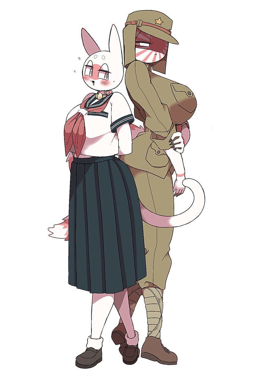 2girls back_to_back breasts_bigger_than_head clothed countryhumans countryhumans_girl japan_(countryhumans) japanese_empire_(countryhumans) kuzuyu_(artist) military_uniform safe_for_work school_uniform tagme taller_girl