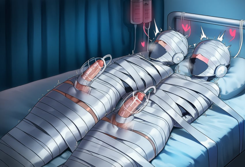 2boys ai_generated arms_behind_back ball_gag balls belt belt_bondage blindfold bondage bound covered_eyes covered_mouth cum cum_string curtain curtains ejaculation femboy gagged hospital hospital_bed huge_cock indoors kidnapped kidnapped_male large_penis legs_together medical_instrument mummification mummified penis penis_milking penis_milking_machine pipe steam steaming_body submissive_male sweat sweatdrop sweating sweaty tape testicles white_blindfold wrapped wrapped_up