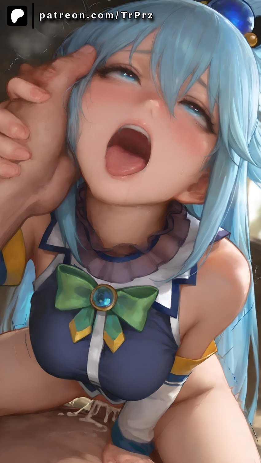 ai_generated aqua_(konosuba) blue_hair blush bottomless breasts cowgirl_position cowgirl_position cum cum_in_pussy female female_focus hand_on_face kono_subarashii_sekai_ni_shukufuku_wo! medium_breasts moaning open_mouth penis pov pussy sex tongue trembling trugprz