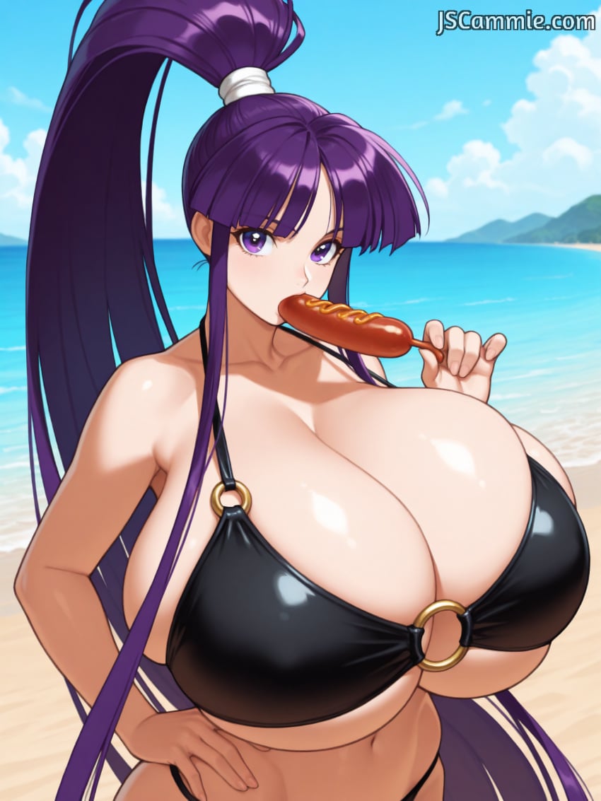 1girls ai_generated atomic_blue64 bangs bare_shoulders beach big_breasts bikini breasts cleavage clothing cloud collarbone curvy day eiken eyelashes female female_focus female_only food food_in_mouth gigantic_breasts hand_on_hip highres hips holding_object hot_dog huge_breasts human illustrious_(stable_diffusion) jscammie kirika_misono large_breasts looking_at_viewer navel o-ring o-ring_bikini ocean on outdoors pinup ponytail purple_eyes purple_hair revealing_clothes sand shiny_skin sideboob sidelocks skimpy skindentation solo solo_female stick swimsuit tied_hair underboob url very_long_hair voluptuous water watermark wide_hips