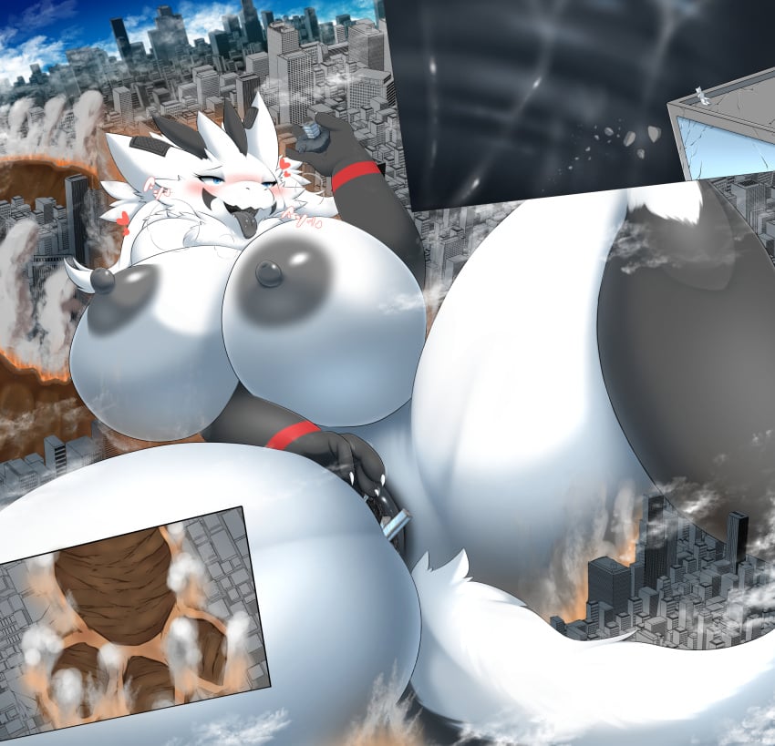 2021 anthro areola big_breasts black_areola black_tongue blue_eyes blush breasts building_in_pussy city_destruction destruction dragon extreme_size_difference female footprint fur furred_dragon furred_scalie hand_on_pussy hi_res huge_breasts huge_thighs kify lying macro macro_female mythological_creature mythological_scalie mythology on_back pawprint scalie size_difference thick_thighs tongue tongue_out white_body