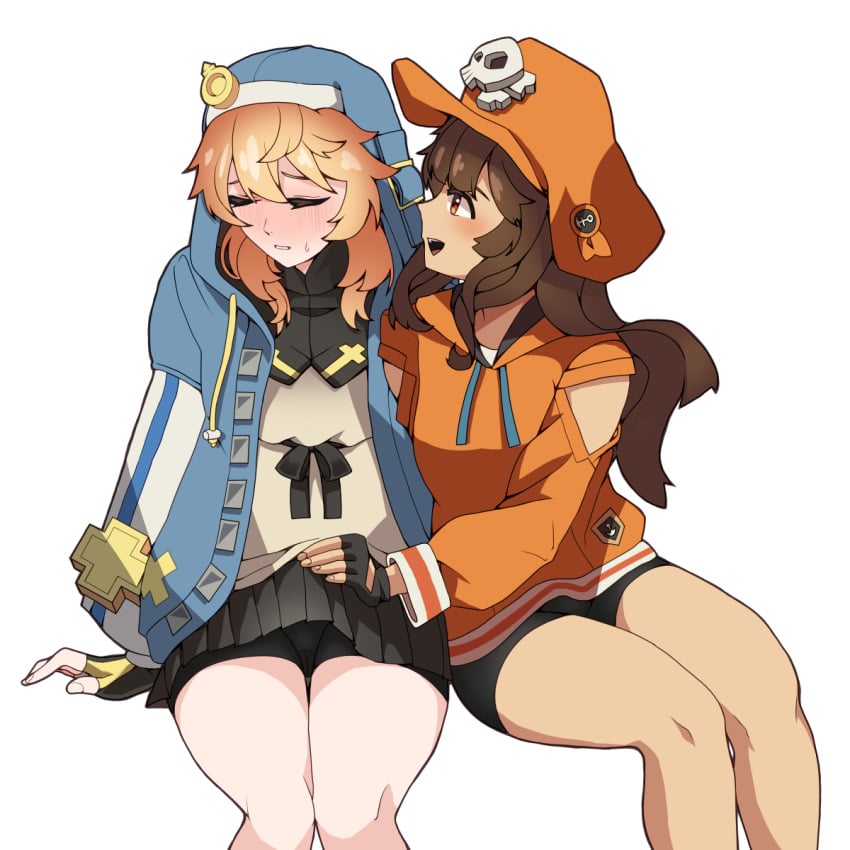 2girls androgyne_symbol bike_shorts bike_shorts_under_skirt black_gloves blonde_hair blush bow bridget brown_hair bulge closed_eyes closed_mouth commentary embarrassed erection erection_under_clothes female fingerless_gloves gloves guilty_gear guilty_gear_strive hat hat_ornament highres hood hood_up hooded_jacket hoodie jacket light-skinned_female light_skin long_hair long_sleeves looking_at_another may_(guilty_gear) medium_hair n0_image newsboy_cap open_clothes open_hoodie open_jacket open_mouth orange_hat orange_hoodie penis_grab pleated_skirt simple_background sitting skirt skull_hat_ornament sweatdrop thighs trans_woman transgender transgender_female transgender_woman white_background