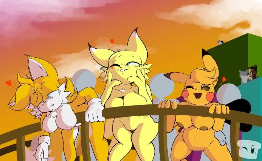 absurd_res anthro being_watched big_breasts boardwalk breadinatoarts breasts canid canine cloud female fox generation_1_pokemon grand_theft_auto grand_theft_auto_v group hi_res human kanna_(joaoppereiraus) keaton_(tloz) light lilah_the_keaton looking_at_another male male/female mammal michael_de_santa nintendo nipples pikachu pokemon pokemon_(species) rockstar_games rule_63 sega sonic_(series) sonic_the_hedgehog_(series) sunlight tails tails_the_fox