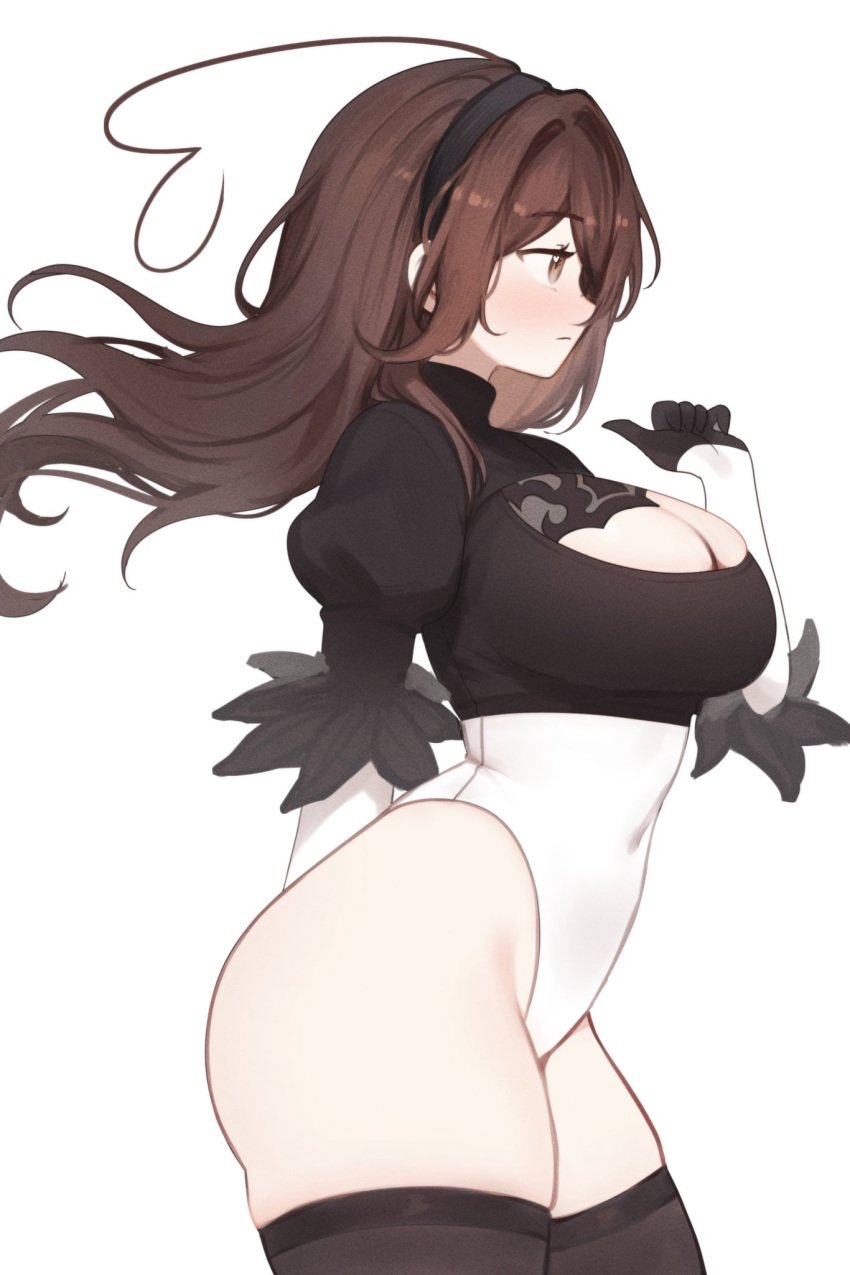 1girls ass breasts cosplay female female_focus female_only large_breasts light-skinned_female light_skin looking_away nier:_automata sky_(skyaboveme) skyaboveme solo thighhighs thighs white_background wide_hips yorha_2b_(cosplay)