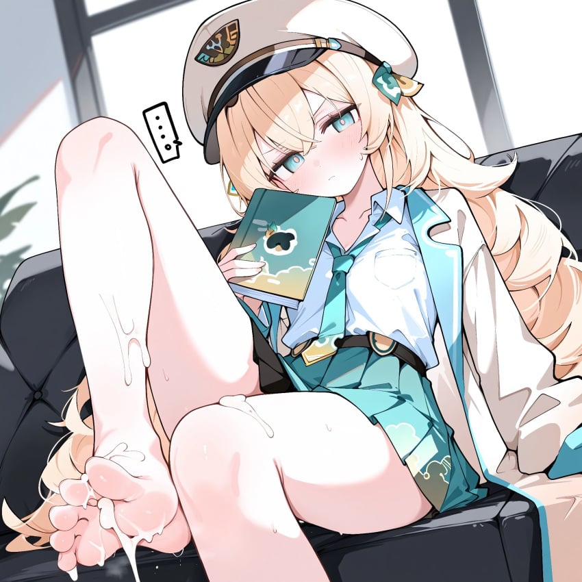 ... 1girls ai_generated barefoot blonde_hair blush book cum cum_on_feet embarrassed female footjob green_eyes green_skirt hat hololive hololive_japan holox kazama_iroha long_hair medium_breasts on_couch sweat thighs virtual_youtuber white_shirt