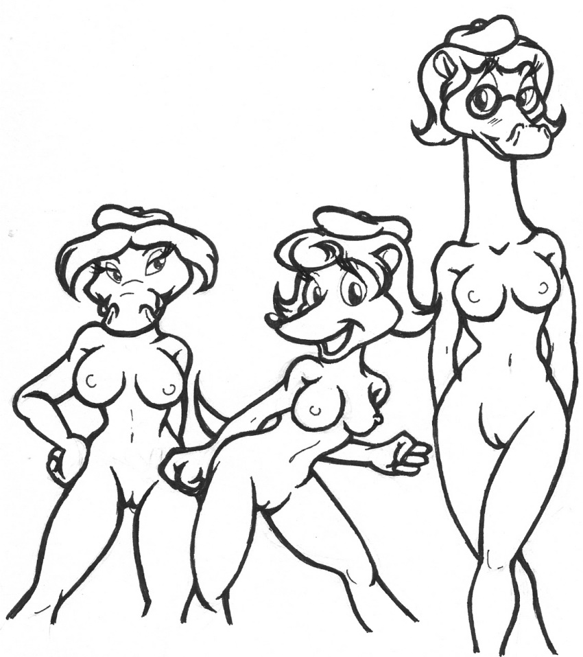 3girls anthro anthrofied beret black_and_white breasts camp_lazlo cartoon_network crocodile female female_only front_view giraffe glasses gretchen_(camp_lazlo) hat line_art mongoose mostly_nude nina_neckerly nipples patsy_smiles pussy reptile scalie smile standing tagme toony unknown_artist white_background