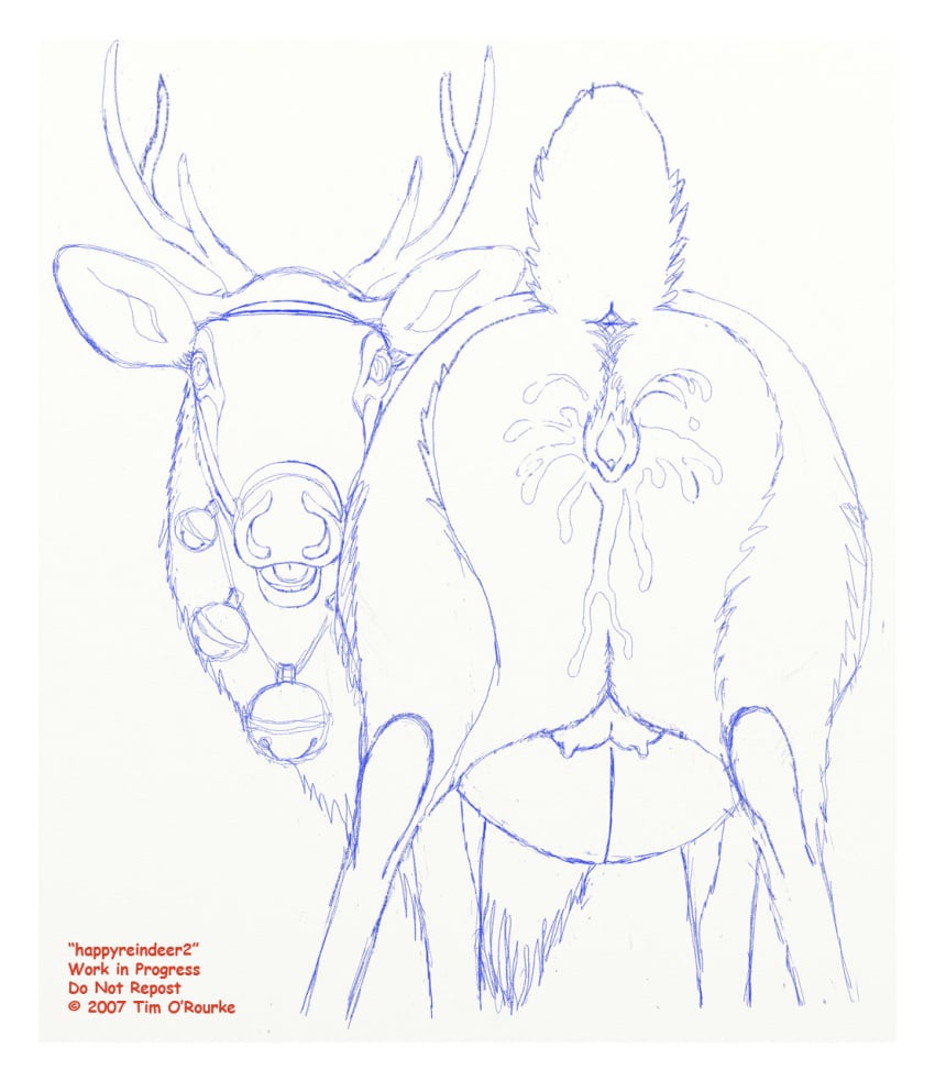 2007 anatomically_correct anatomically_correct_anus anatomically_correct_genitalia anatomically_correct_pussy animal_anus animal_genitalia animal_pussy anus bell blue_and_white cervine cervine_anus cervine_genitalia cervine_pussy crotchboob crotchboobs cum deer female feral fur genitals hooves horns looking_at_viewer messy monochrome pregnant presenting pussy raised_tail reindeer sketch solo tail tim_o'rourke udders unfinished wet