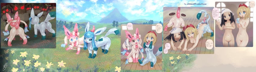 absurd_res akari_(pokemon) alpha_pokemon blonde_hair blue_body blue_eyes breasts bude busty_feral censored censored_genitalia censored_pussy ditto_(pokemon) ditto_face duo eevee eeveelution female feral generation_1_pokemon generation_4_pokemon generation_6_pokemon glaceon glistening glistening_body goo_transformation grass grey_eyes group hair hi_res human human_to_feral irida_(pokemon) loss_of_dexterity loss_of_speech mammal multicolored_body nintendo outside pink_body plant pokemon pokemon_(species) pokemon_transformation quadruped species_transformation sylveon tetetor-oort transformation white_body