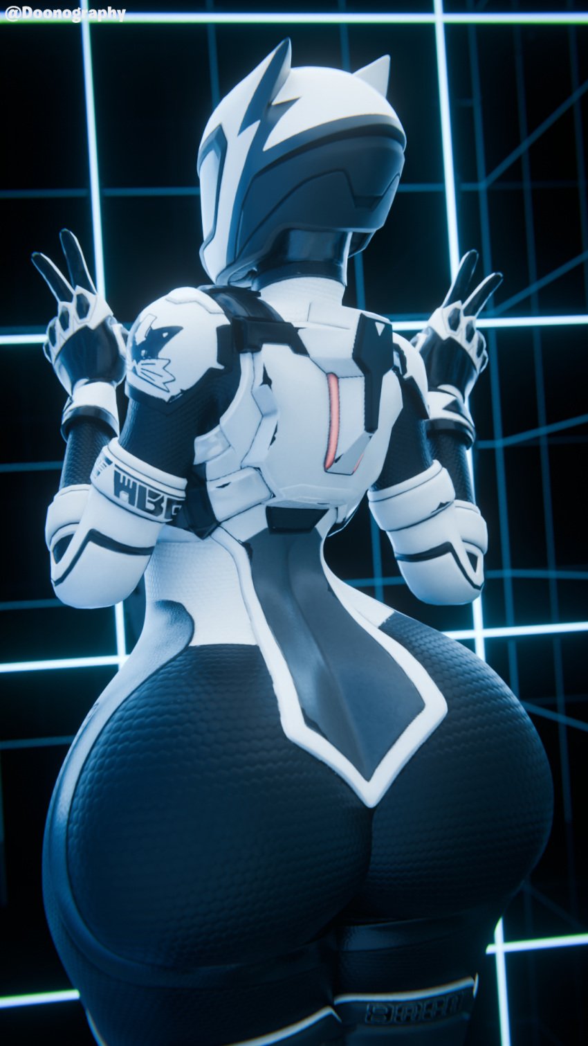 3d abstract_background armor ass ass back_view big_ass big_butt blender cat_ear_helmet cat_ears cat_suit catsuit doonography female female_focus female_only fortnite fortnite:_battle_royale girl helmet latex latex_suit looking_away mask masked masked_female peace_sign watermark