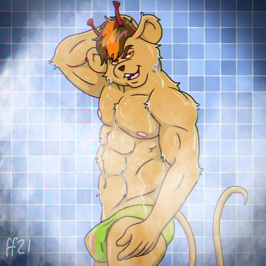 1:1 2021 abs alien antennae_(anatomy) anthro barely_visible_genitalia biker_mice_from_mars biped black_nose brown_eyebrows brown_hair buckteeth clothed clothing digital_drawing_(artwork) digital_media_(artwork) eyebrows fabfelipe fur genitals green_clothing green_speedo green_swimwear hair hand_behind_head hi_res looking_at_viewer male mammal mouse multicolored_hair murid murine muscular muscular_anthro muscular_male navel nipples open_mouth open_smile orange_hair pecs pink_nipples pink_tongue red_eyes rimfire_(bmfm) rodent smile solo speedo speedo_only steam swimwear tail teeth tongue topless topless_anthro topless_male translucent translucent_clothing two_tone_hair wet yellow_body yellow_fur yellow_sclera