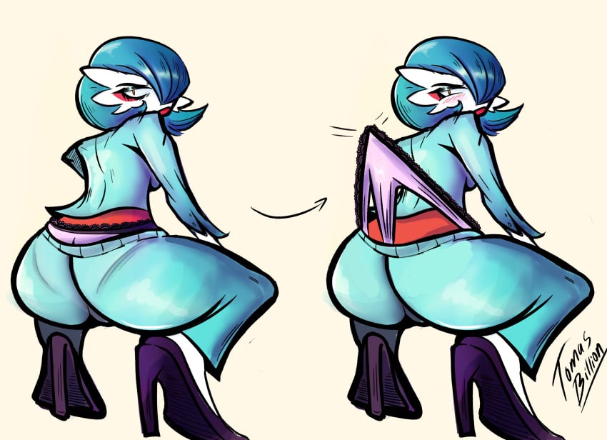 1girls 2025 ass blazer blue_hair blush borrowed_character from_behind gardevoir heels looking_at_viewer looking_back nintendo orange_eyes panties pants panty_pull pantylines pink_panties pokemon squatting suit tagme tight_clothing tight_pants tomtomtomthetom watermark wedgie
