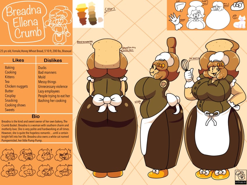 2025 alternate_version_available breadna_(tkd) character_sheet chubby cute cute_fang holding_whisk hourglass_figure information large_ass large_breasts lore nsfw_version_available ponytail reference_sheet tkd work_clothes