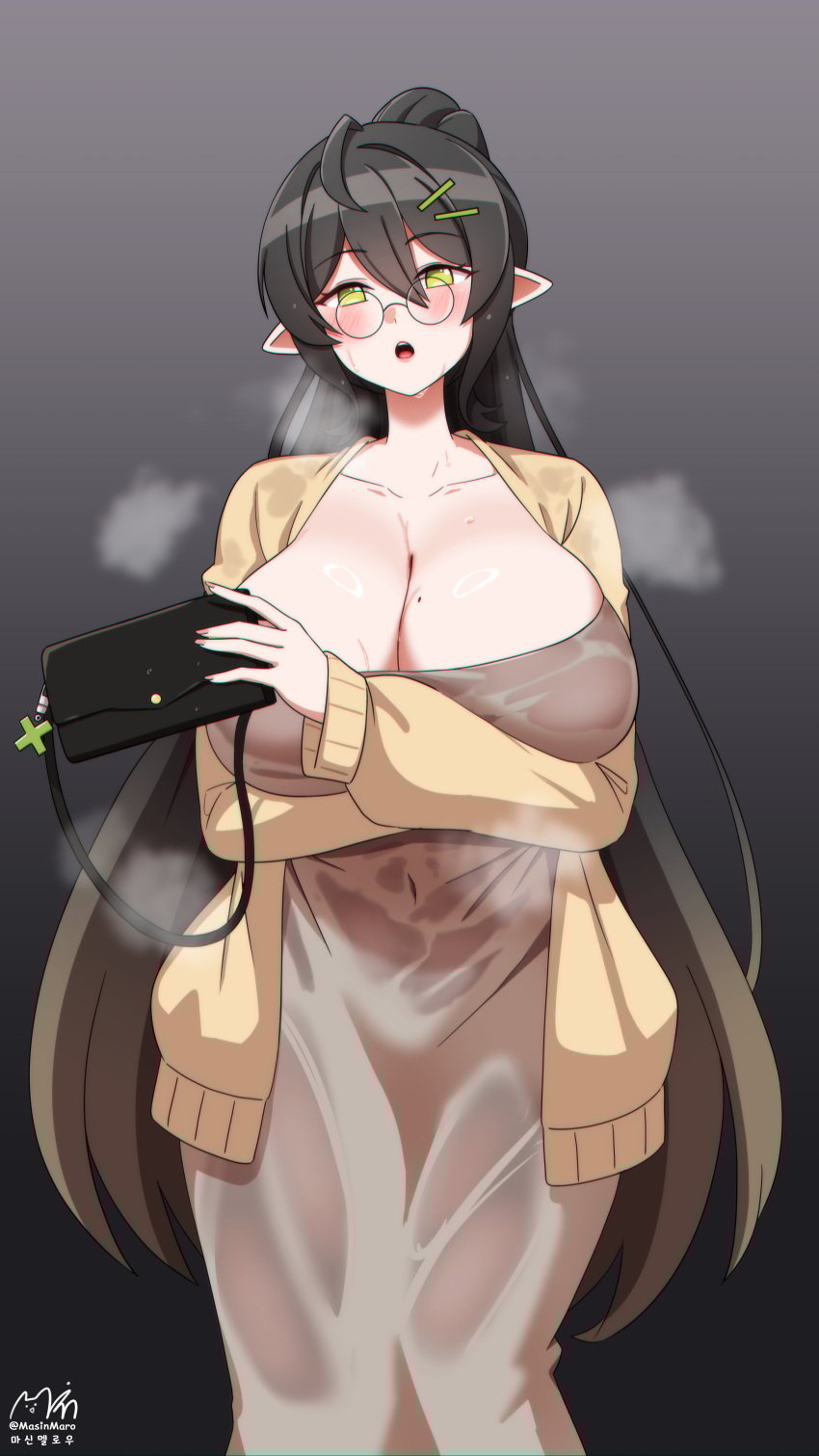 1girls :o absurdres arm_under_breasts artist_name bag black_hair blush breasts cardigan cleavage collarbone commentary covered_navel dongtan_dress dress female fingernails glasses gradient_background grey_dress handbag highres hilde_(trickcal_re:vive) holding holding_bag huge_breasts korean_commentary long_hair looking_at_viewer majinmallow meme_attire mole mole_on_breast pointy_ears ponytail round_eyewear signature simple_background solo steaming_body sweat sweaty_clothes trickcal_re:vive twitter_username very_long_hair yellow_cardigan