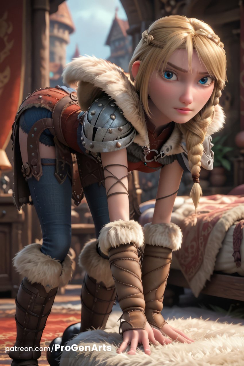 1girls ai_generated all_fours armor artist_name astrid_hofferson bent_over blonde_hair blue_eyes blue_pants blurry blurry_background boots braid brown_footwear closed_mouth day denim depth_of_field dreamworks fingerless_gloves fur_trim gloves hair_over_shoulder hi_res how_to_train_your_dragon knee_boots leaning_forward leather lips long_hair looking_at_viewer nose outdoors pants patreon_username pauldrons progenarts realistic shoulder_armor single_braid solo standing vambraces watermark web_address