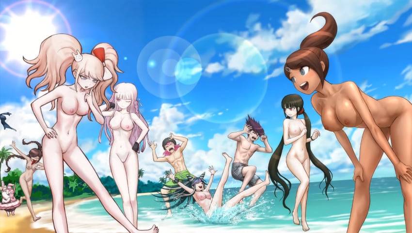 2boys 6girls asahina_aoi bangs bathing_suit beach big_breasts black_gloves blonde_female blonde_hair bow braid braided_hair breasts brown_hair clothed_male clothed_male_nude_female clouds completely_nude completely_nude_female danganronpa danganronpa_s:_ultimate_summer_camp dark-skinned_female edit freckles freckles_on_face fukawa_touko game_cg genocider_shou glasses gloves hair_horns harukawa_maki hime_cut horns junko_enoshima junko_enoshima_(cosplay) kazuichi_souda kirigiri_kyouko kosine1777 light-skinned_female long_hair medium_breasts mioda_ibuki momota_kaito monomi_(danganronpa) mukuro_ikusaba multicolored_hair multiple_girls nipples nude nude_female ocean official_art one_eye_closed ponytail pussy sand scrunchie sky splashing sunlight sunshine tagme tattoo tongue tongue_out twin_braids twintails water