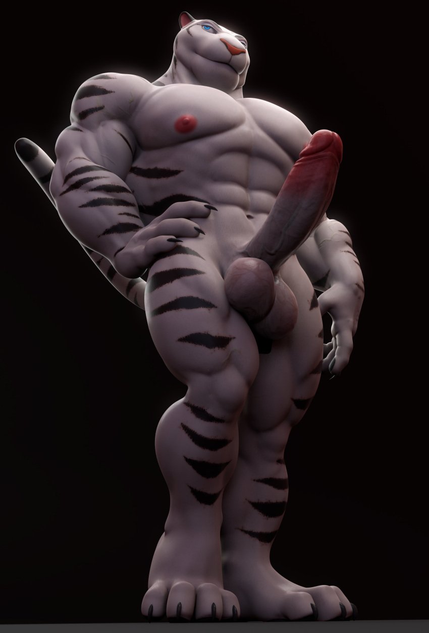 4_toes abs absurd_res anthro balls big_balls big_pecs big_penis blue_eyes feet felid freezo fur genitals hand_on_hip hi_res huge_cock male male_only mammal muscular muscular_anthro muscular_arms muscular_legs muscular_male nipples pantherine pecs penis solo striped_body striped_fur stripes tiger toes valorlynz white_body white_fur