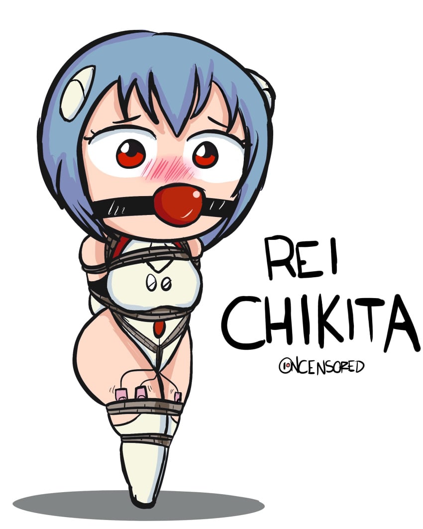 ball_gag blue_hair blush bound egg_vibrator female gag meme neon_genesis_evangelion oncensored red_eyes rei_ayanami rei_chikita rope_bondage white_background