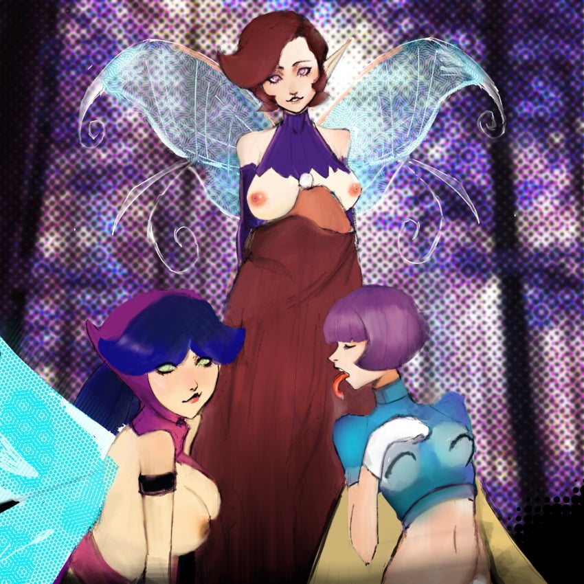 3girls big_penis cum dark_skin devil_summoner fairy fairy_wings female human licking megami_tensei oral paizuri pale_skin penis pixie_(megami_tensei) shin_megami_tensei soul_hackers