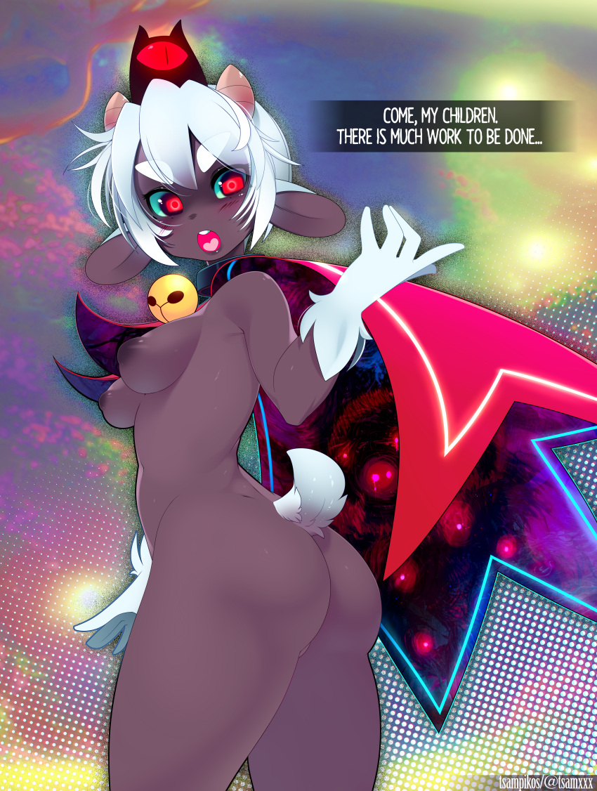 anthro ass bell breasts cape caprine casual clothing cult_of_the_lamb dark_skin english_text headwear lamb_(cult_of_the_lamb) looking_at_viewer looking_back neckwear no_humans nude open_mouth outerwear red_eyes sheep tsampikos white_wool wool_(fur)