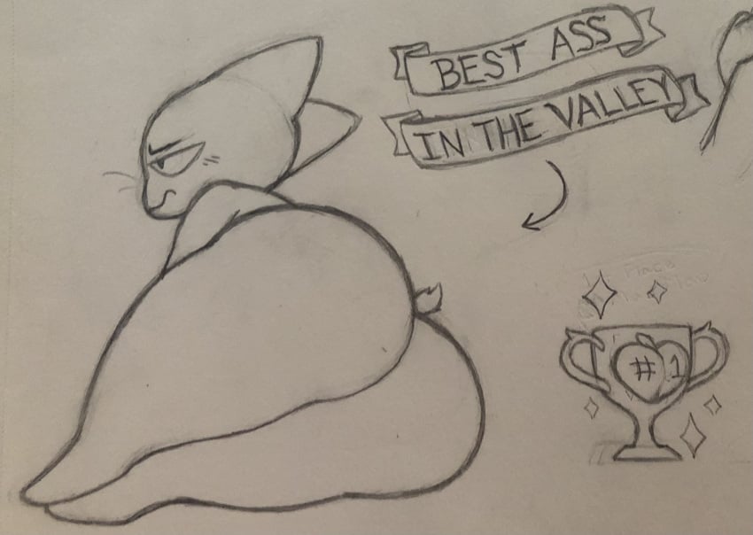 anthro ass award big_butt blush bottom_heavy cartoon_network domestic_cat embarrassed felid feline felis food fruit hi_res huge_butt lying male mammal mao_mao:_heroes_of_pure_heart monochrome nude on_side peach_(fruit) plant ribbons sheriff_mao_mao_mao sketch small_tail solo sparkles thick_thighs traditional_media_(artwork) trophy whiskers zlut385