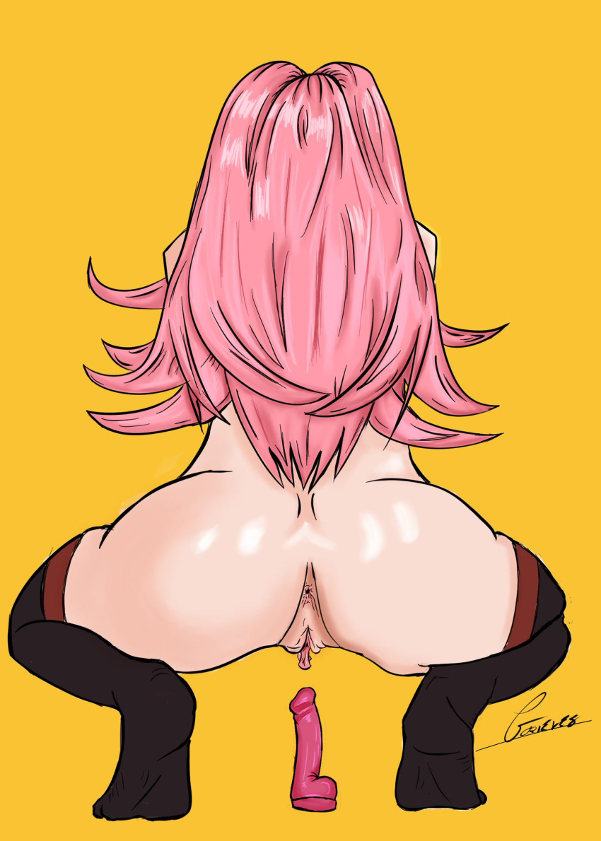 1girls ass asshole back_view big_ass dildo female female_only fire_emblem fire_emblem:_three_houses grievesart hilda_valentine_goneril labia masturbation nintendo pink_hair ponytail pussy sex_toy solo squatting stockings vagina