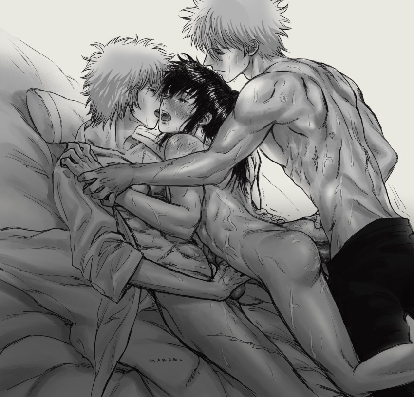 3boys aged_down anal anal_sex ass_grab back_muscles blush closed_eyes dual_persona erection from_behind frottage futon gay gintama gintoki_sakata hijikata_toshiro kimono looking_pleasured male male_only marrbl mmm_threesome monochrome muscular muscular_male on_bed open_clothes open_kimono open_mouth pleasure_face scars sweat threesome topless_male uncensored wrist_grab yaoi