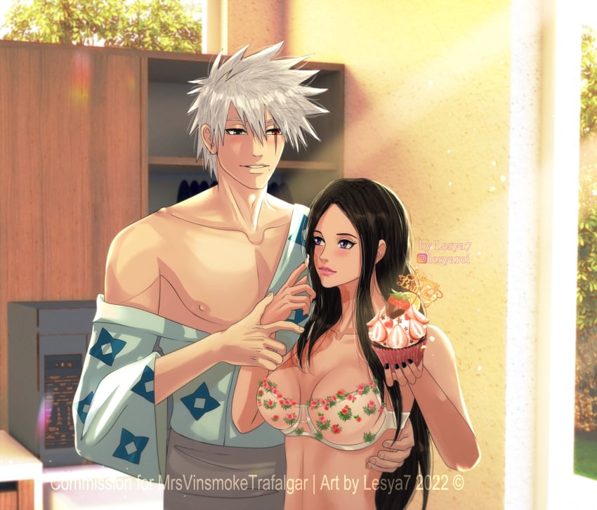 1boy 1boy1girl 1girls big_breasts birthday birthday_cake black_hair bra breasts brown_hair cake cleavage dessert female food_play hatake_kakashi heterochromia holding_object kimono lesya7 lipstick long_hair makeup male male/female mole mole_under_mouth muffin naruto naruto_(series) naruto_shippuden nipples off_shoulder original_character pecs purple_eyes scar scar_across_eye sexually_suggestive sharingan silver_hair strawberry unmasked whipped_cream