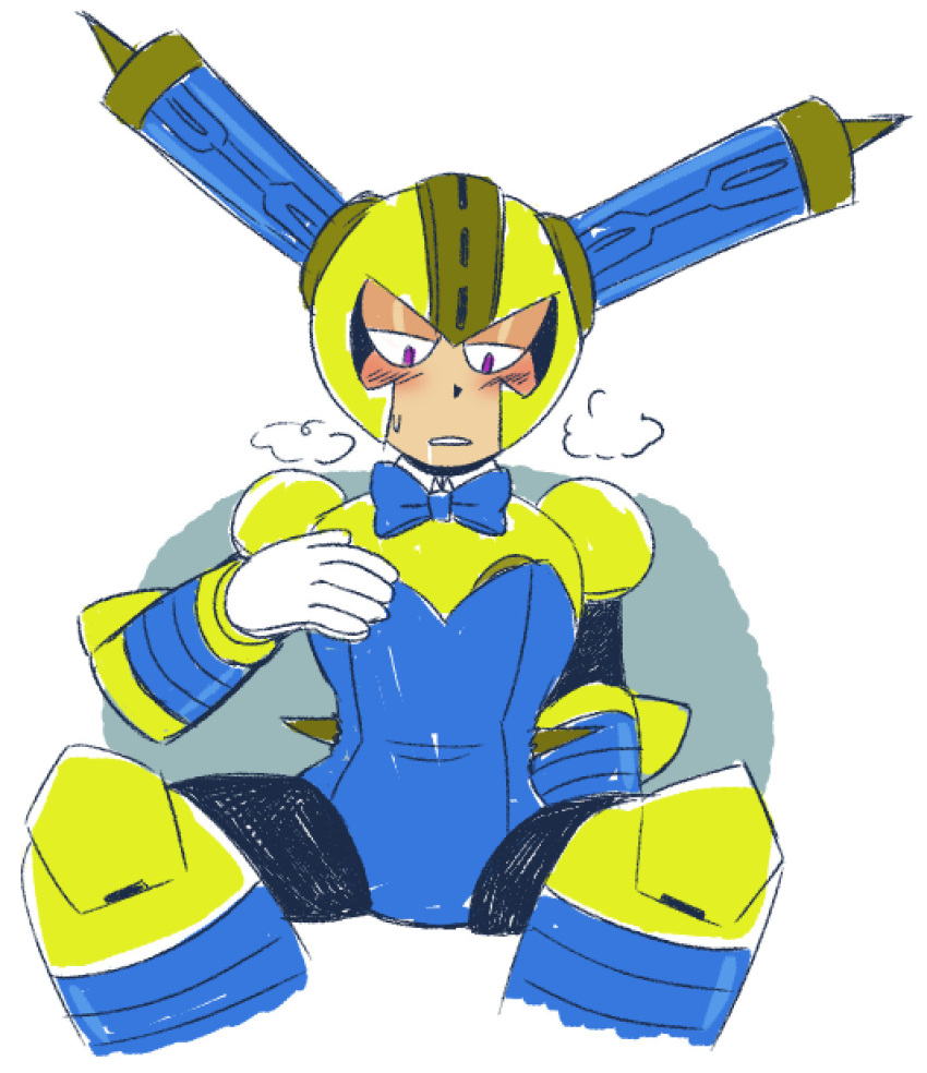 1boy 2018 blue_armor blue_armwear blue_boots blue_bow blue_bow_tie blue_bowtie blue_helmet blue_leotard blush boots bow bow_ribbon bowtie breath breathing bunnysuit capcom dirtybirdee_(artist) drool drool_on_face drool_string drooling fuse_man half-closed_eyes leotard lidded_eyes light-skinned_male light_skin looking_down looking_down_at_self male male_only mega_man mega_man(classic) mega_man_11 pink_blush playboy_bunny playboy_bunny_costume playboy_bunny_leotard playboy_outfit purple_eyes purple_pupils robot robot_boy robot_humanoid robot_joints robot_master robotic_arm robotic_arms robotic_leg robotic_legs robotic_limb saliva saliva_on_face saliva_string shoulder_pads solo solo_male white_and_blue_background white_sclera yellow_armor yellow_armwear yellow_boots yellow_helmet