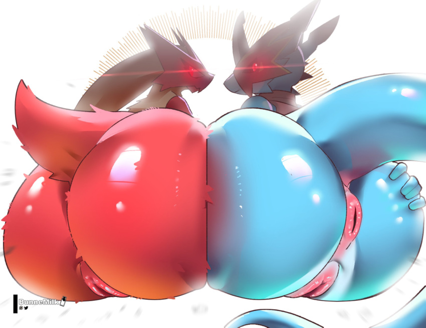 2022 2girls anthro anus ass bandai_namco big_ass big_butt blaziken blue_body bubble_butt bunnemilk crossover digimon digimon_(species) duo female female_only flamedramon generation_3_pokemon genitals glowing glowing_eyes hi_res huge_ass looking_at_viewer looking_back looking_back_at_viewer multiple_girls nintendo pokemon pokemon_(species) pussy red_body red_eyes video_games