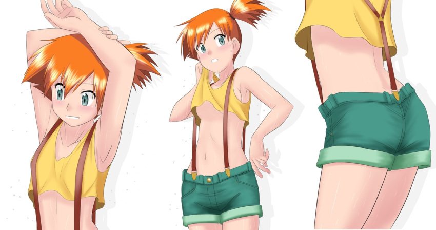 1girls armpits arms_up ass asymmetrical_hair bangs blush breasts creatures_(company) denim denim_shorts female female_only game_freak gen_1_pokemon green_eyes green_shorts kakkii kasumi_(pokemon) legs looking_at_another looking_at_viewer navel nintendo orange_hair pokemon pokemon_(anime) pokemon_(classic_anime) pokemon_(game) pokemon_rgby ponytail shirt short_shorts shorts side_ponytail smile solo suspenders sweat sweatdrop tank_top thighs tied_hair yellow_shirt yellow_tank_top