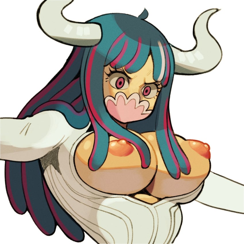 1girls areolae big_breasts breasts edu_pompom exposed_breasts face_mask female female_only horns huge_breasts long_hair nipples one_piece solo solo_female two_tone_hair ulti_(one_piece) upper_body