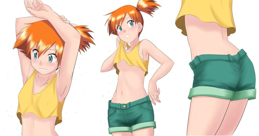 1girls armpits arms_up ass asymmetrical_hair bangs blush breasts creatures_(company) denim denim_shorts female female_only game_freak gen_1_pokemon green_eyes green_shorts kakkii kasumi_(pokemon) legs looking_at_another looking_at_viewer navel nintendo orange_hair pokemon pokemon_(anime) pokemon_(classic_anime) pokemon_(game) pokemon_rgby ponytail shirt short_shorts shorts side_ponytail smile solo sweat sweatdrop tank_top thighs tied_hair yellow_shirt yellow_tank_top