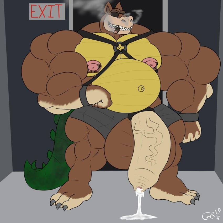 anthro balls barashbenski big_balls big_penis cigar cigar_in_mouth crash_(series) crocodile_tail crocodilian crocodylid dingodile gay greeneear88 harness male male_only muscles muscular overweight overweight_male penis precum solo solo_male tail