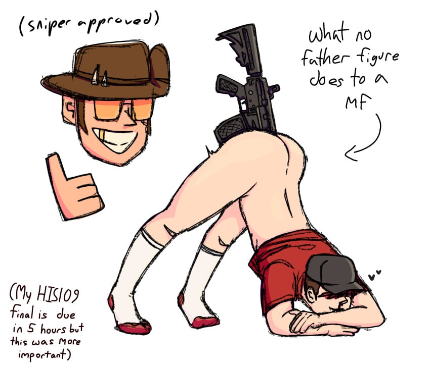 ass ass_up binweevilfan blush fat_ass gay gun gun_in_ass head_down_ass_up hk416 male_focus male_penetrated scout_(team_fortress_2) shitpost sniper_(team_fortress_2) socks team_fortress_2