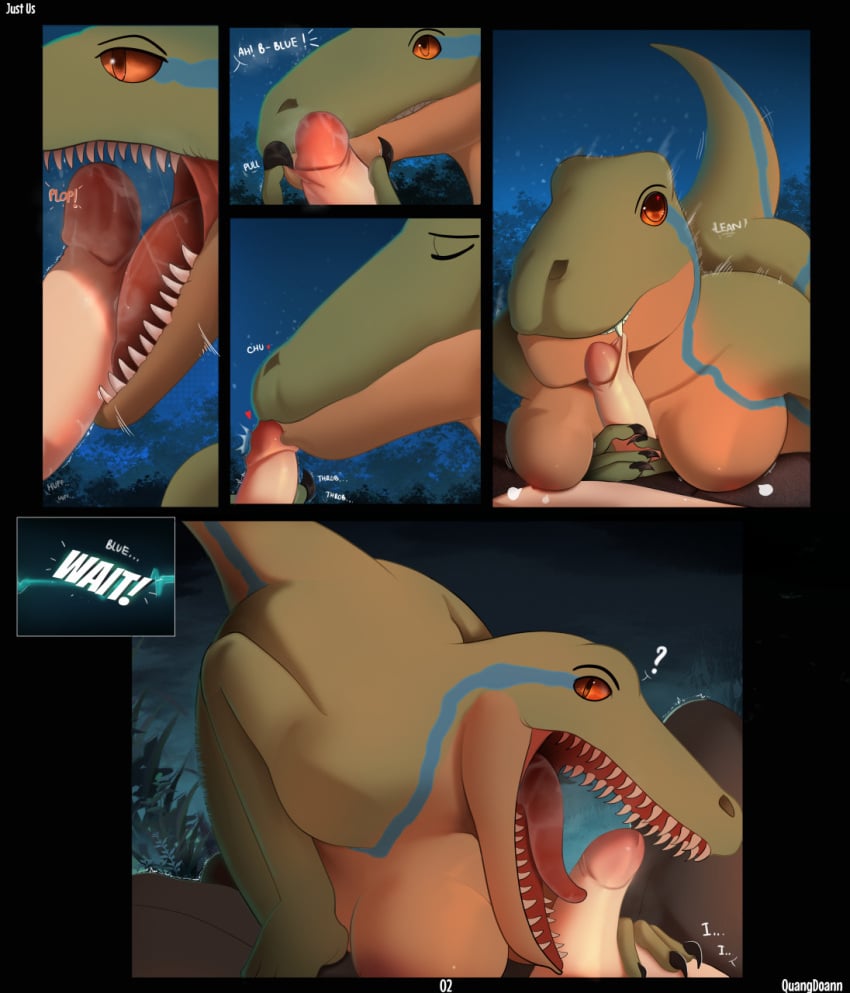 2022 anthro anthro_in_human_world anthrofied blue_(jurassic_world) bodily_fluids breasts claws clothed_male_nude_female clothed_sex comic dialogue dinosaur dromaeosaurid drooling duo english_text erection fellatio female female_on_human feral foreskin foreskin_pull genital_danger_play genital_fluids genitals handjob heart hi_res human human_on_anthro human_penetrating interspecies jurassic_park jurassic_world kissing light-skinned_male male male/female mammal nude open_mouth oral oral_penetration page_2 page_number penetration penile penis penis_kissing precum quangdoann reptile saliva saliva_on_penis saliva_on_tongue scalie sex sharp_teeth teeth text theropod tongue toothy_fellatio universal_studios velociraptor