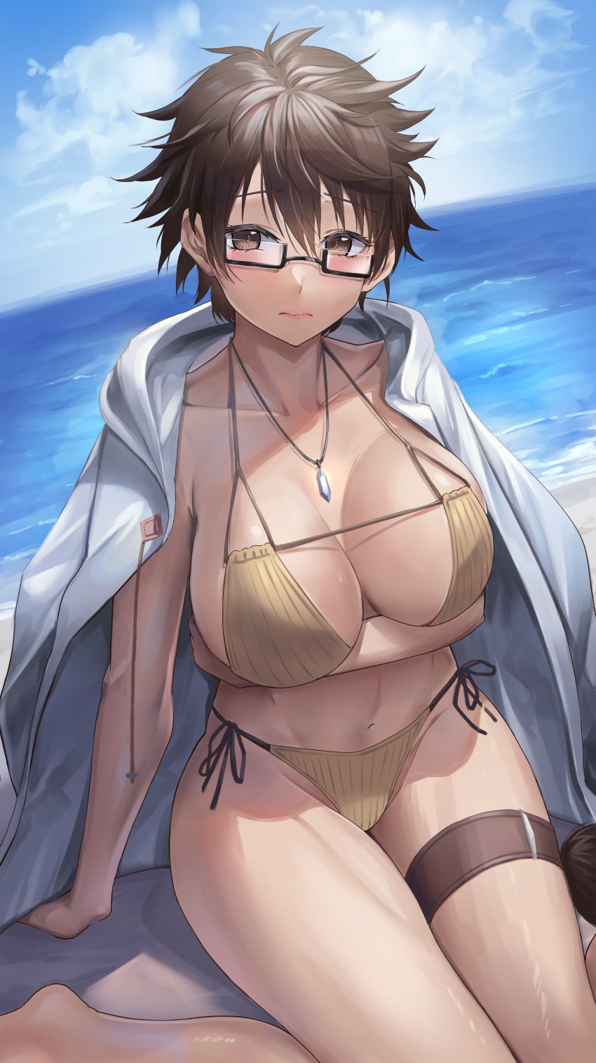 absurdres arm_support arm_under_breasts aussa_(yu-gi-oh!) aussa_the_earth_channeler bangs beach bikini blue_sky blush breasts brown_bikini brown_eyes brown_hair cleavage closed_mouth cloud coat coat_on_shoulders collarbone commentary_request day duel_monster female glasses groin hair_between_eyes highres hood hood_down hooded_coat jewelry large_breasts messy_hair navel necklace ocean outdoors sayaka_ikku shadow short_hair side-tie_bikini_bottom sidelocks sitting sky solo stomach swimsuit thigh_strap very_short_hair wariza white_coat yu-gi-oh!