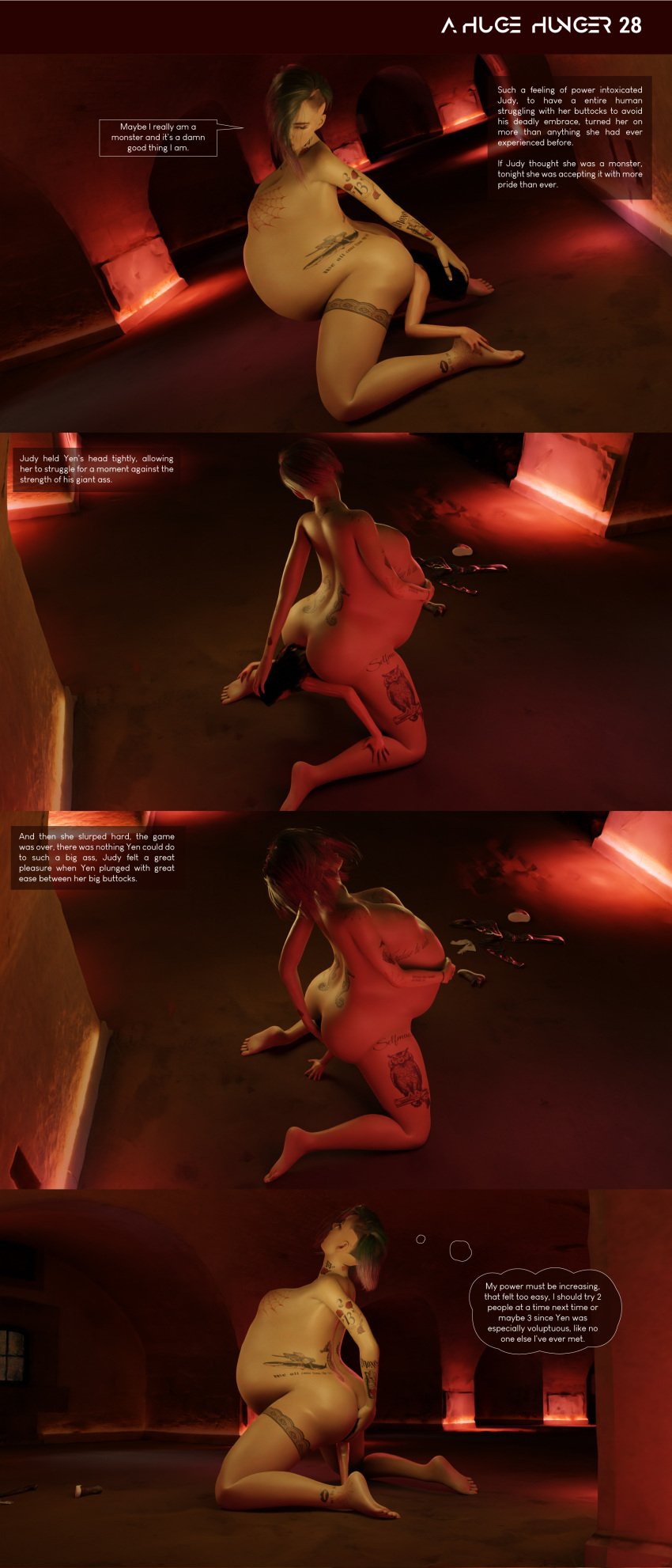 3d 3d_(artwork) ass big_belly bra breasts bulge cd_projekt_red comic cyberpunk_2077 digestion dominant dominant_pred female female_pred giantess giantess_vore growth judy_alvarez large_breasts lepetitejane1111 medium_breasts mini_giantess multiple_prey naked nude nude_female nudity oral_sex page_28 stockings the_witcher_(series) the_witcher_3:_wild_hunt unwilling_prey vore yennefer