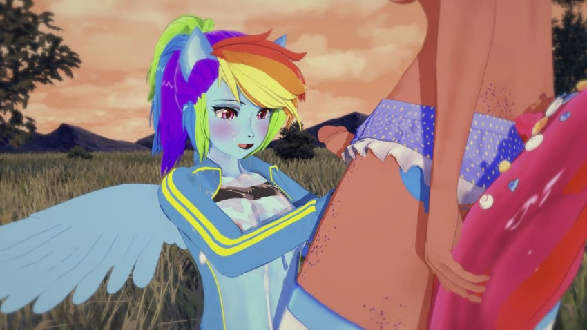 16:9 animal_ears anthro anthro_on_anthro blue_skin cum cum_on_body cum_on_breasts cum_on_clothes equestria_girls female_focus freckles futa_on_female futa_with_female futanari koikatsu looking_at_penis looking_pleasured my_little_pony open_eyes open_mouth outdoors partially_clothed pinkie_pie_(mlp) rainbow_dash_(mlp) rainbow_hair semen semen_on_body semen_on_breasts semen_on_clothes tail wings