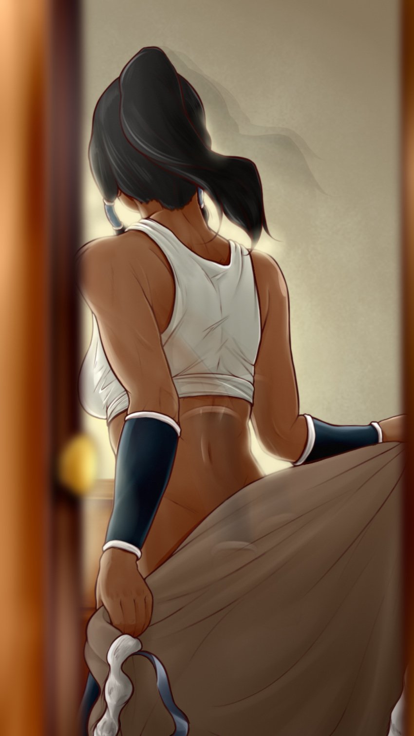 1girls avatar_legends big_breasts blue_eyes dark-skinned_female female female_protagonist from_behind korra muscles the_avatar the_legend_of_korra underwear undressing water_tribe woorkvaza